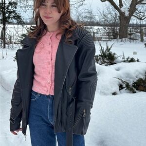 Black Leather Belted Motorcycle Jacket Louis Moto